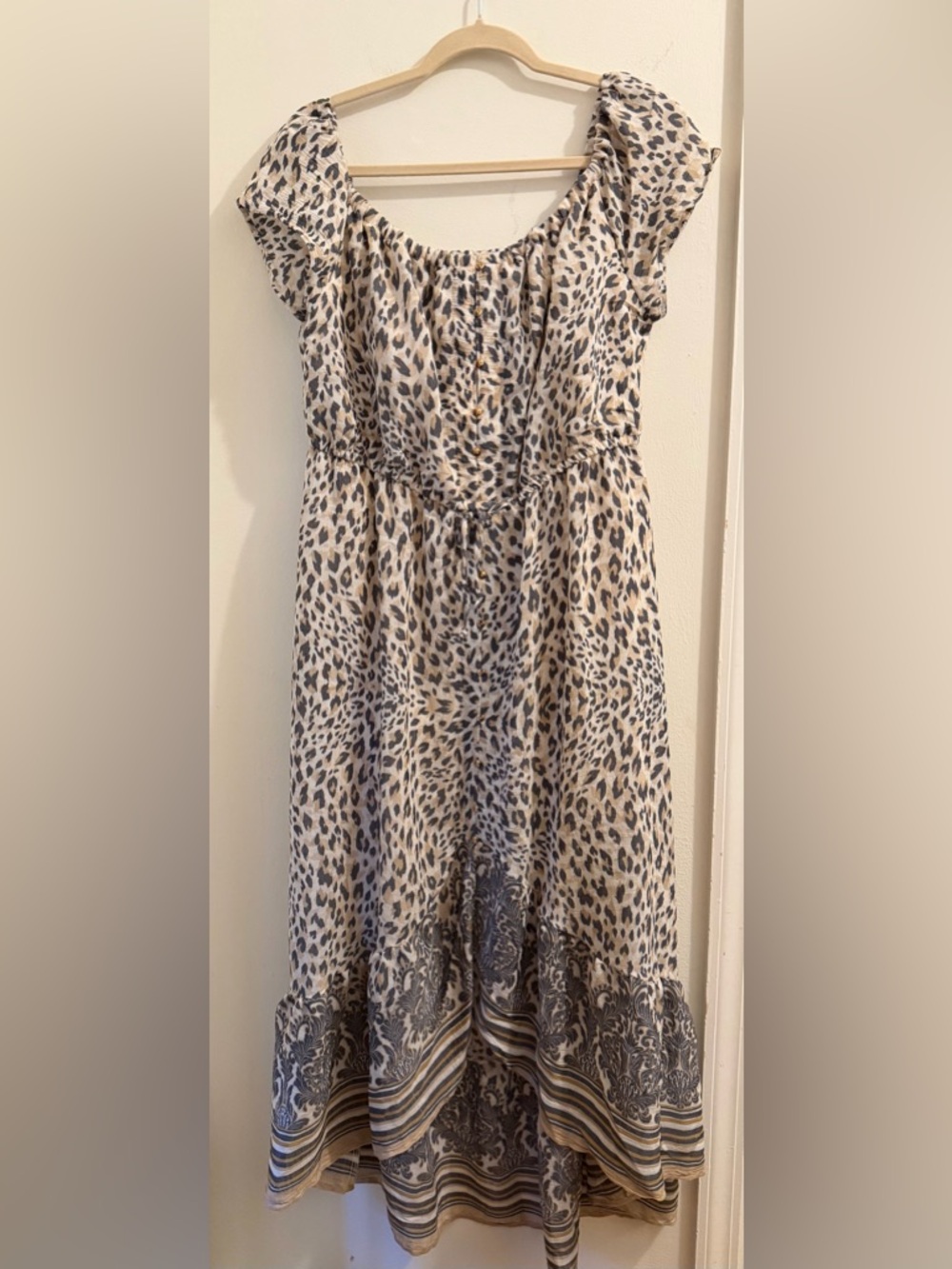 Boho High-Low Leopard Print Dress - Beige and Black